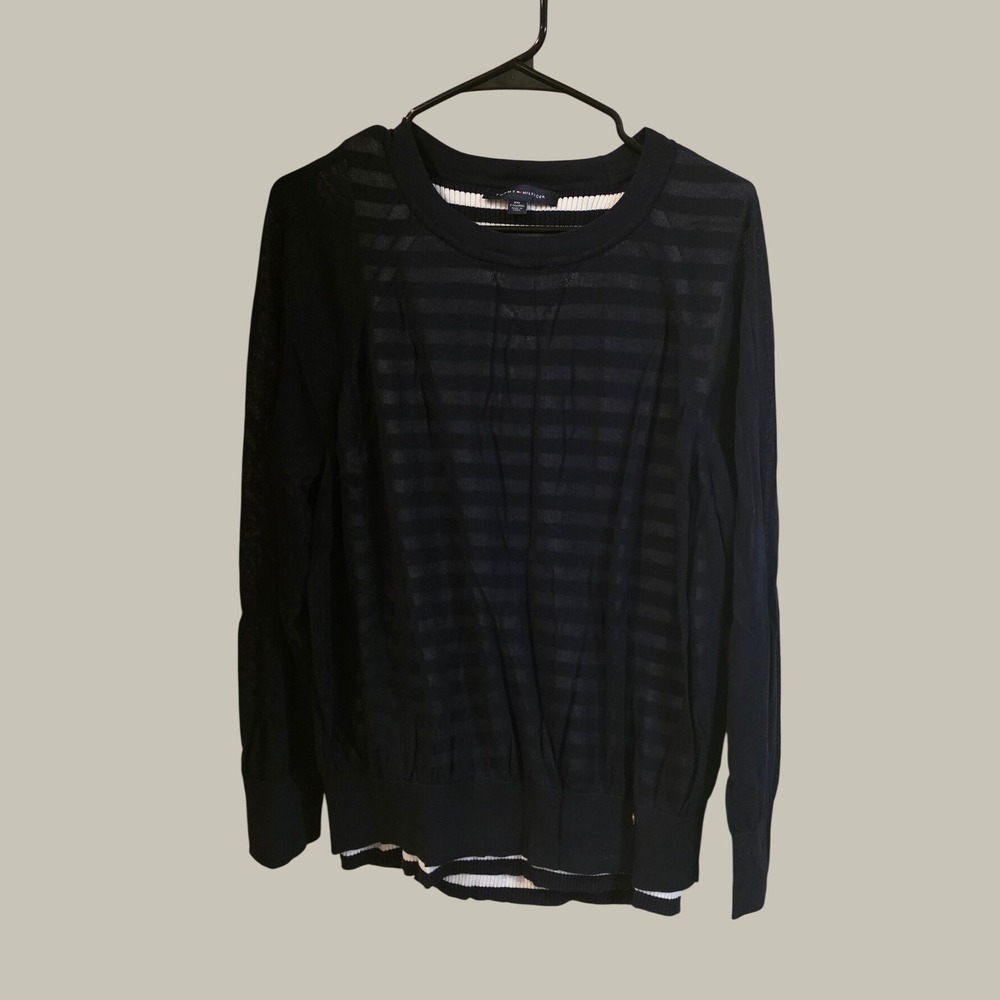 Tommy Hilfiger Navy Blue Striped Sheer Layered Crew Neck Sweater XXL